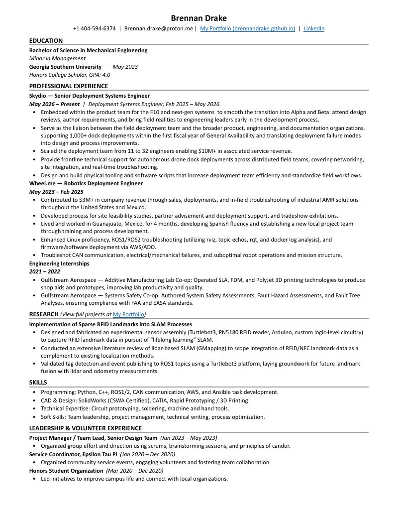 First page of Brennan Drake's resume